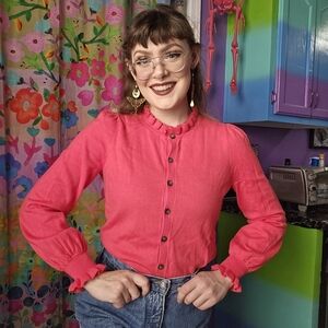 Boden Ruffle-Neck Cardigan Hot Pink Salmon Size SMALL